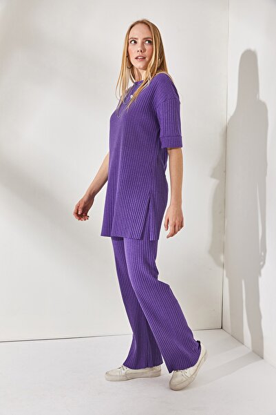 Olalook Kadın Mor Kısa Kollu Alt Üst Likralı Takım TKM-19000191