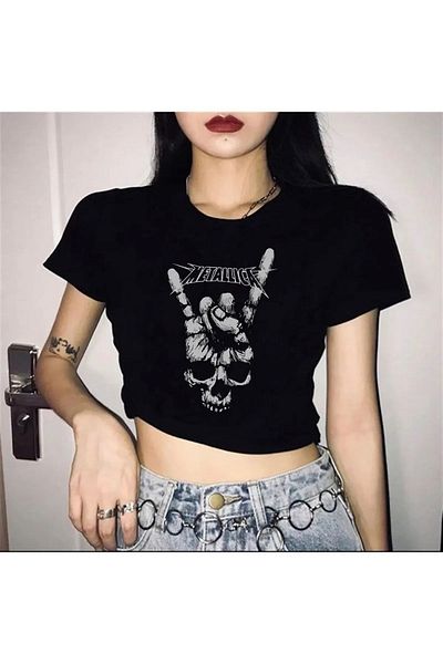 Gofeel Metallica Hand Patterned Black Color Harajuku Women's Crop Blouse T-Shirt