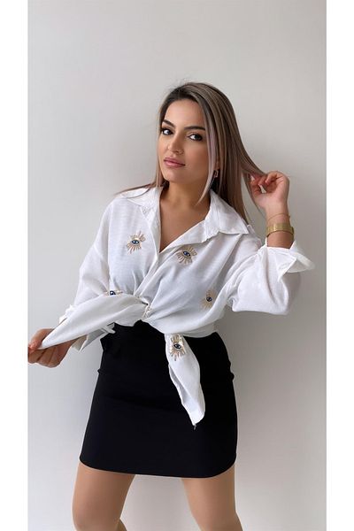 SEDA FİDAN Eye Embroidered Linen Shirt Ecru