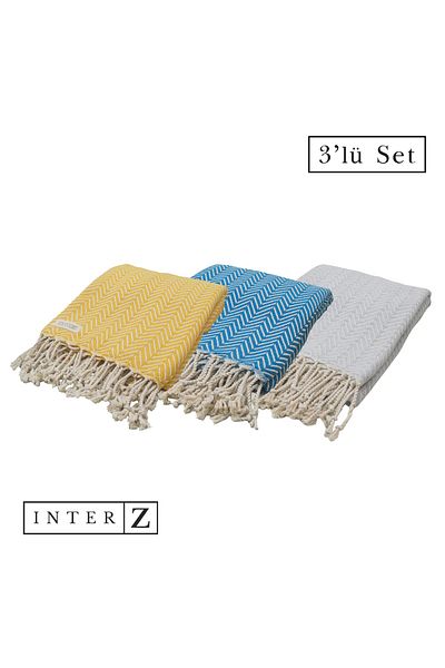 INTER Z Σετ 3 πετσέτες θαλάσσης Peshtemal, 100% βαμβάκι, Xxl 100x180cm, Marmaris, Κίτρινο-γκρι-μπλε
