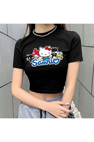 Gofeel Sanrio Hello Patterned Black Color Harajuku Women's Crop Blouse T-Shirt