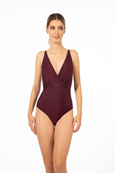 Estiva Kadın Drapeli V Yaka Ince Askılı Mayo - Mürdüm