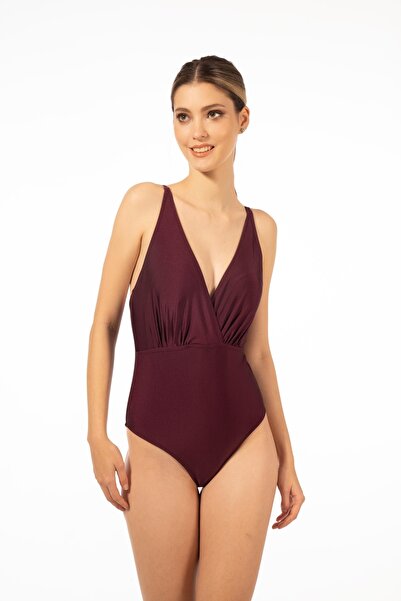 Estiva Kadın Drapeli V Yaka Ince Askılı Mayo - Mürdüm