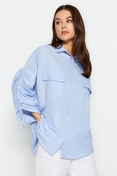 Trendyol Modest Cămașă din bumbac țesută cu mâneci albastru deschis, cu șnur ajustabil TCTSS23TG00011