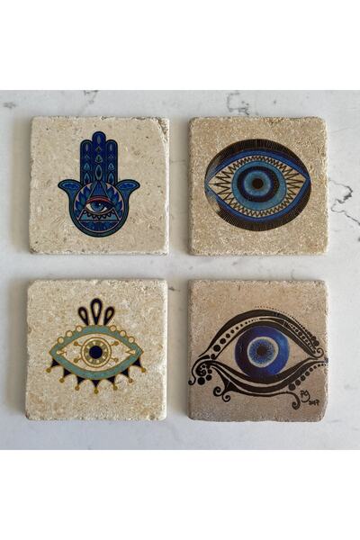 UNT Taş Bardak Altlığı Stone Coasters - 4 Lü Set Hamsa, Nazar Boncuğu