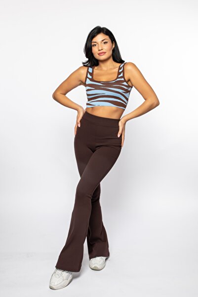 Grenj Fashion Ψηλόμεσο πλεκτό κολάν καφέ με ραβδώσεις Flare