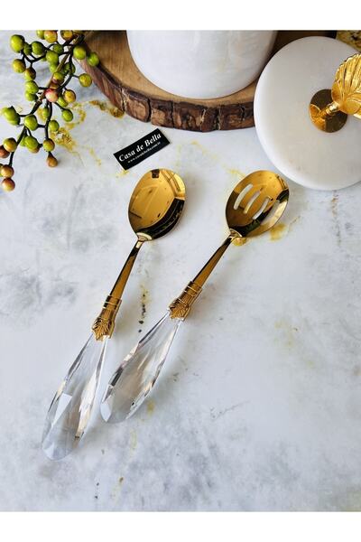 CASA DE BELLA Diamond 2 Piece Gold Salad Serving Set with Crystal Handles