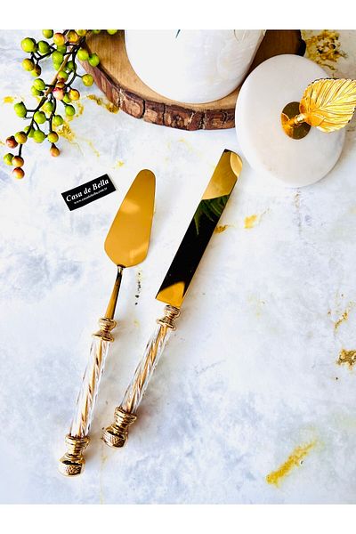 CASA DE BELLA 2 Piece Gold Spatula Knife Cake Serving Set with Crystal Handles