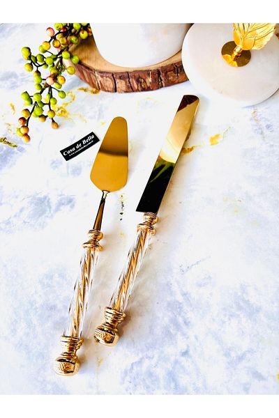 CASA DE BELLA 2 Piece Gold Spatula Knife Cake Serving Set with Crystal Handles