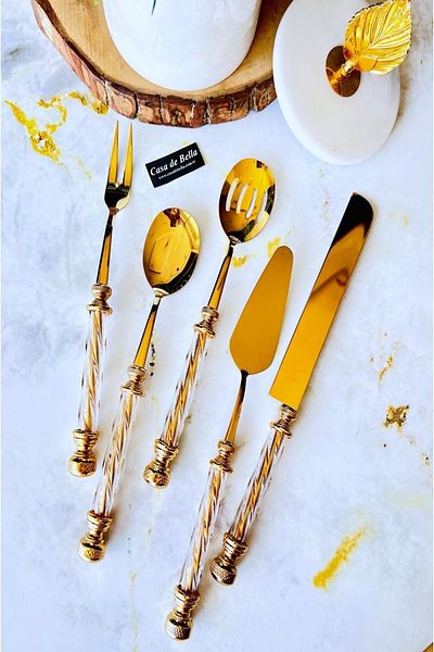 CASA DE BELLA 5 Piece Gold Serving Set with Crystal Handles