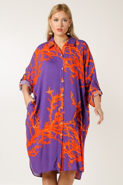 Chiccy Olasz lila inggallér 3/4 ujjú, nyomott gombos zsebes szőtt ruha