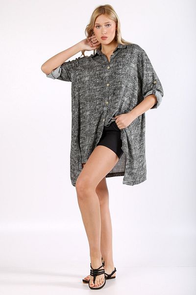 Chiccy Italian Anthracite Patchwork Collar 3/4 Sleeve Patterned Slit Woven Shirt Dress