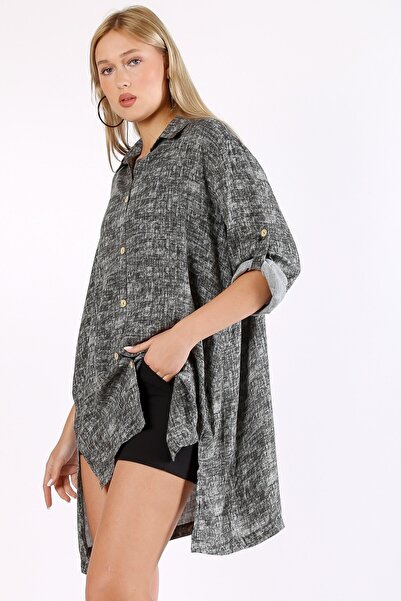 Chiccy Italian Anthracite Patchwork Collar 3/4 Sleeve Patterned Slit Woven Shirt Dress