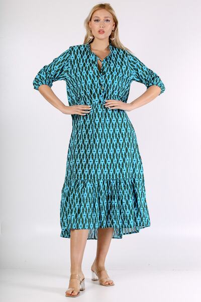 Chiccy فستان منسوج بأزرار وياقة مكشكشة باللون الأخضر البترولي الإيطالي وأكمام 3/4