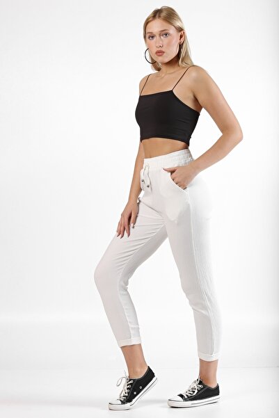 Chiccy White Textured Pocketed Elastic Waist Woven Trousers