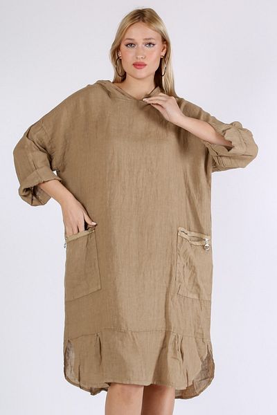 Chiccy المنك الإيطالي 3/4 كم جيب مقنعين الكتان. فستان منسوج