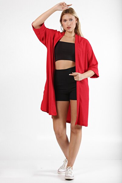 Chiccy Kırmızı 3/4 Kol Dokulu Bürümcük Dokuma Ceket