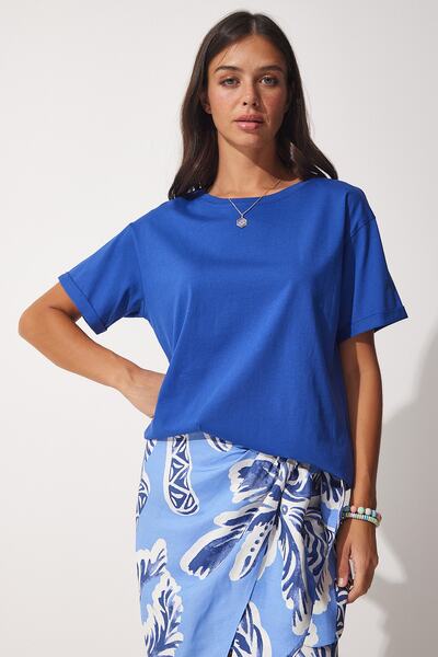 Happiness İstanbul Női kék, bő nyakú, pamut bő kötött póló UB00053