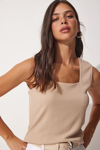 Happiness İstanbul Damen-Strickbluse mit quadratischem Kragen in Beige, DD01200