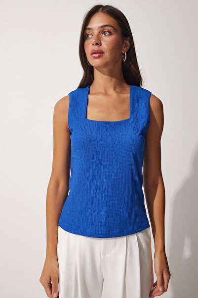 Happiness İstanbul Dámská pletená halenka s modrým čtvercovým límcem DD01200