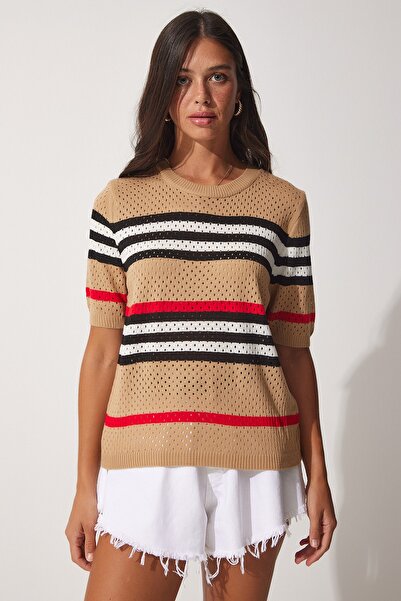 Happiness İstanbul Γυναικεία μπισκότα ριγέ καλοκαιρινά πλεκτά μπλούζα NF00048