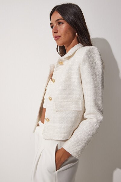 Happiness İstanbul Дамско тъкано сако от туид с копчета в цвят Dore WF00021