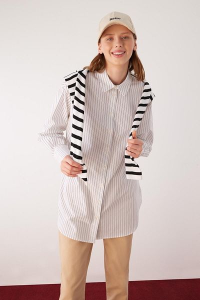 DeFacto Regular Fit Striped Long Sleeve Poplin Shirt 100% Cotton Tunic