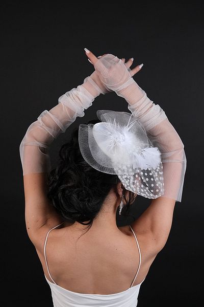 Hayalperest boncuk White Polka Dot Bridal Voilet and Long White Bridal Gloves Set