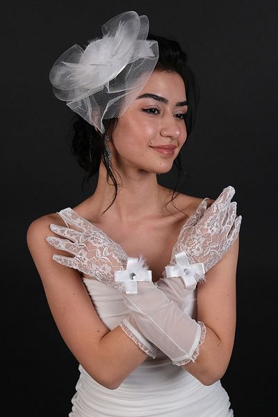 Hayalperest boncuk White Feather Ribbon Detailed Bridal Gloves and Wedding Voile