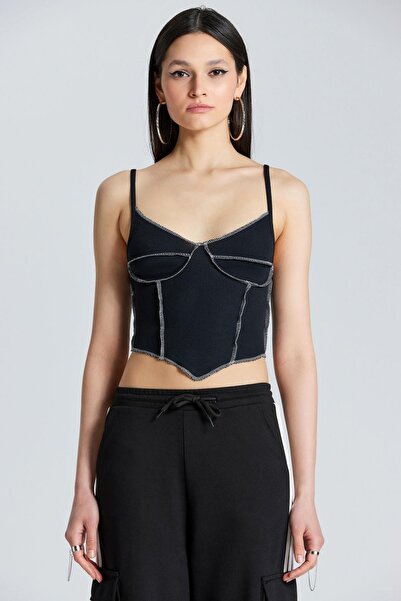 boutiquen 1636 Black Crop with Contrast Stitched Straps