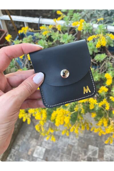 Pinkylola Matte Black Genuine Leather Letter M Airpod Case Mini Coin Purse