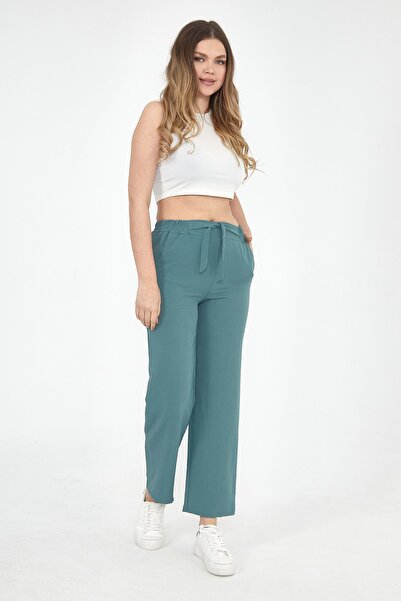 KMKkombin بنطلون نسائي صيفي من قماش الأيروبين مزود بجيوب وخصر مزين بالدانتيل