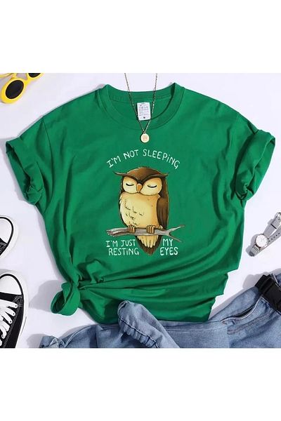 Machetta Plus Size Green Owl Design Printed Oversize Cotton Combed T-shirt