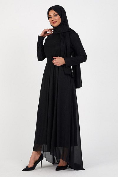 Modamihram Trblietavé skladané večerné šaty čierne 12240