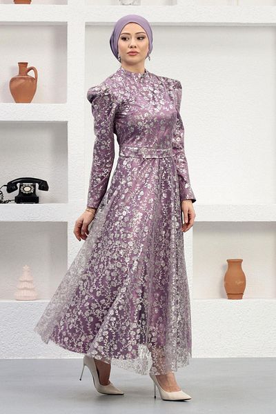 Modamihram Rochie de seara din tul cu pietre Liliac 12241