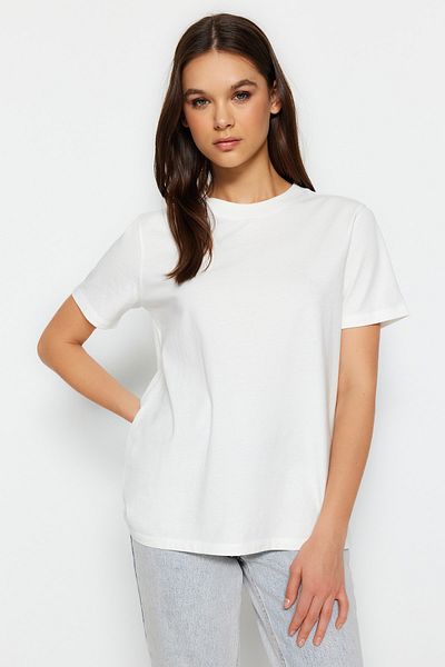 Trendyol Collection Ecru 100% bavlna Premium Basic Crew Pletené tričko s výstřihem TWOSS23TS00042