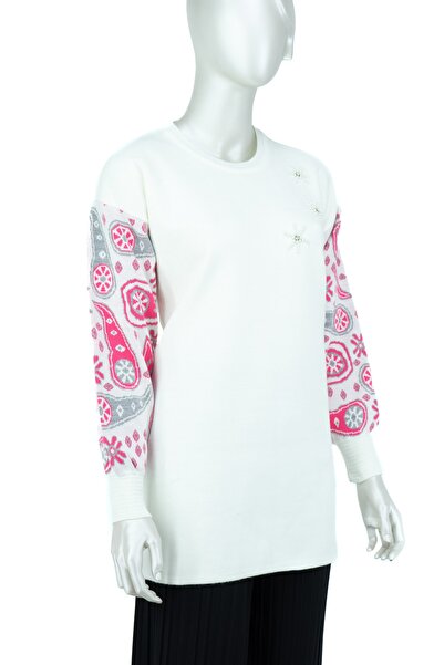 Oppland Жіноча зимова елегантна туніка з круглим коміром, довгими рукавами, з еластичного трикотажу з бісерним візерунком, нова модна модель.