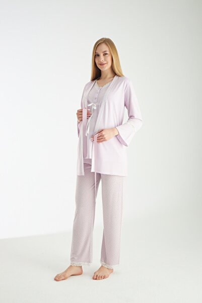 Miss Dünya Lissa طقم بيجامة للحوامل والأمومة منقوشة باللون الأرجواني الفاتح م...