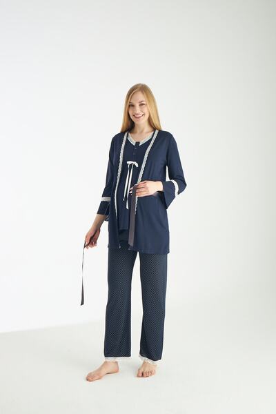 Miss Dünya Lissa Navy Blue Polka Dot Patterned Maternity and Maternity Pajamas Set Suitable for Breastfeeding