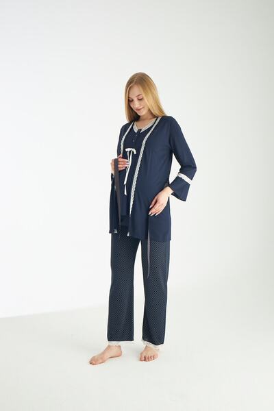 Miss Dünya Lissa Navy Blue Polka Dot Patterned Maternity and Maternity Pajamas Set Suitable for Breastfeeding