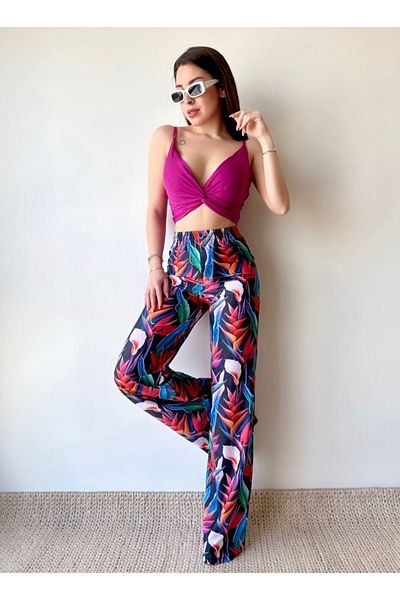 rengamoda Set de pantaloni cu talie înaltă, mov, micro țesătură, încrucișată