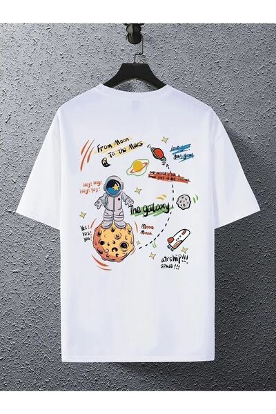 Keywest Unisex Λευκό Μπλουζάκι με στάμπα The Galaxy Planet με μεγάλη λαιμόκοψη