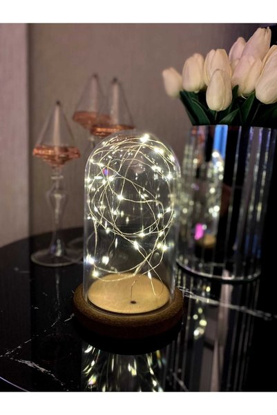 AUSVAR Teraryum Ters Fanus Ahşap Tabanlı Mika Cam 3 Mt Peri Led Piller Dahil