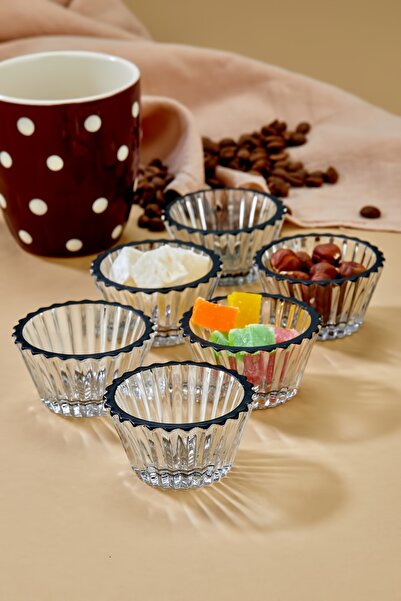 Zeryas Home Matte Black Embroidered Glass Jam and Coffee Jug, Snack Bowl, Sauce Bowl, Presentation Bowl Mini Set of 6