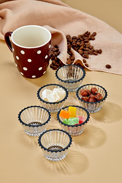 Zeryas Home Matte Black Embroidered Glass Jam and Coffee Jug, Snack Bowl, Sauce Bowl, Presentation Bowl Mini Set of 6