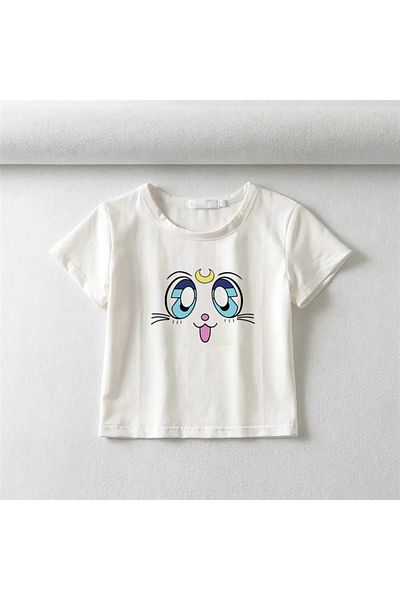 Touz Sailor Moon Cat Face Printed White Crop