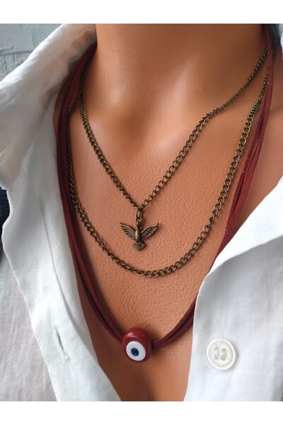 ZeynDesign Kadın Çoklu Bordo Süet Nazar Kolye
