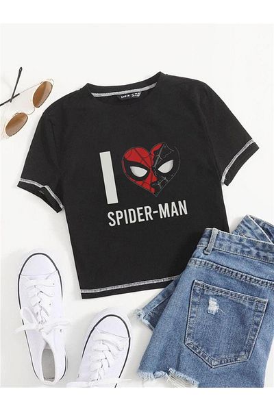 Touz I Love Spider-man Printed Reverse Stitch Black Crop