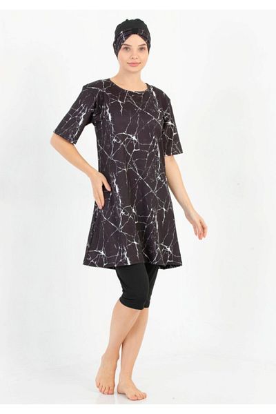 by İGP Women's Black Patterned Fast Dry Half Sleeve Hijab Swimsuit