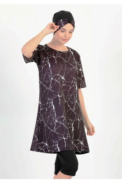 by İGP Women's Black Patterned Fast Dry Half Sleeve Hijab Swimsuit